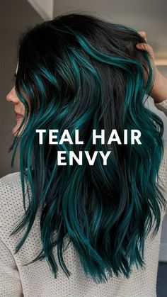 Ready to turn heads? Learn how to rock teal highlights! #tealhair #blackhair #boldhaircolor #hairinspo Teal Underneath Hair Blonde, Teal Hair Tips Dip Dyed, Black With Teal Highlights, Teal Green Highlights, Dark Teal Balayage, Teal Hair Ideas For Brunettes, Brown To Teal Ombre Hair, Hair Color Ideas Fair Skin Blue Eyes, Black Hair With Colored Peekaboos