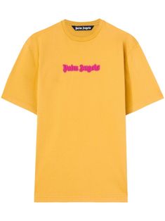 sunflower yellow/fuchsia pink cotton jersey texture logo print to the front crew neck drop shoulder short sleeves straight hem Summer Short Sleeve Tops With Logo Lettering, Summer Short Sleeve Tops With Logo, Summer Crew Neck T-shirt With Logo Lettering, Summer Graphic Tee With Logo Lettering, Yellow Crew Neck Tops With Embroidered Logo, Yellow Cotton Top With Embroidered Logo, Pink T-shirt With Embroidered Logo For Streetwear, Pink Embroidered Logo T-shirt For Streetwear, Casual Yellow T-shirt With Logo Print