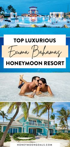 two photos with the words top luxury and honeymoon resort in blue, white and yellow