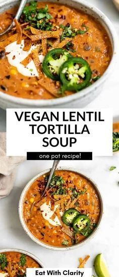 vegan lentil tortilla soup in a bowl with a spoon