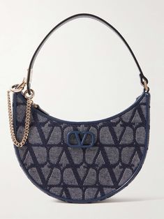 VALENTINO GARAVANI VLOGO mini leather-trimmed denim-jacquard shoulder bag Navy Blue Bag, Valentino Collection, Valentino Garavani Bag, Embellished Denim, Best Handbags, Valentino Bags, Leather Hobo Bag, Navy Leather