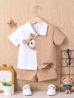 2pcs Baby Boy Summer Casual Cute 3D Bear Shirt & Shorts Outfit Multicolor   Short Sleeve Polyester,Woven Fabric Colorblock  Non-Stretch  Baby Boys Clothing, size features are:Bust: ,Length: ,Sleeve Length: White Patchwork Sets For Summer, White Patchwork Short Sleeve Sets, White Short Sleeve Patchwork Sets, White Patchwork Summer Sets, Boy Kurta, Stylish Baby Boy Outfits, Stylish Baby Boy, Baby Boy Bear, Boys Winter Clothes