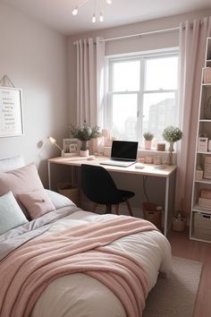 a bedroom with a bed, desk and computer on the window sill in it