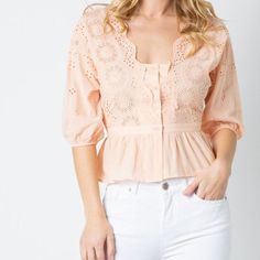 New With Tags And 100% Cotton. Romantic Lace Top Button Front Opening Scalloped Lace Edge Peplum Style Top With A Fitted Waist And Elastic Back Dolman Sleeve With Elastic Beautiful Eyelet Lace Detailing Throughout These Beautiful Tops Come In S, M, And L. Measurements: Bust: S 32-34” M 34-35” L 36” Length: Approximately 20” Long &Merci Yves Saint Laurent Shirt, Beautiful Tops, Denim Shirt With Jeans, White Linen Shirt, Peplum Styles, Romantic Lace, Color Block Top, Peplum Blouse, Boutique Tops