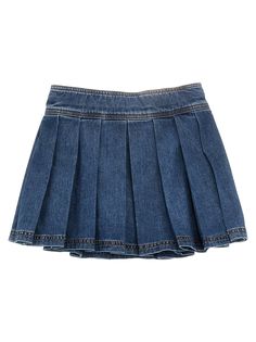 KIDS Pleated cotton denim skirt with front 'Medusa' button closure. Composition: 100% cotton Denim Blue Cotton Pleated Skirt, Pleated Denim Blue Cotton Skirt, Cotton Medium Wash Bottoms For School, Medium Wash Cotton Bottoms For School, Medium Wash Cotton Pleated Skirt, Pleated Medium Wash Cotton Denim Skirt, Cotton Denim Mini Skirt For School, Cotton Mini Denim Skirt For School, Trendy Cotton Denim Skirt For School