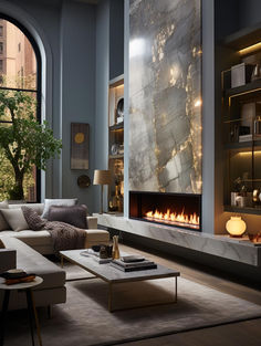 a living room with a large fireplace in the center