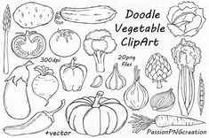 doodle vegetable clipart is shown in black and white, with vegetables on it