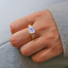 Custom handmade jewelry.Vintage Rainbow Moonstone Engagement Ring Marquise Moissanite Ring Art Deco Bridal Promise Ring June Birthstone Ring Bridesmaid Gift Jewelry ►Gemstone:  Natural Moonstone  ►Base Metal: 18k Gold Vermeil ►Gross Weight - 2.5 gm ★Gemstone size: ★ Stone - 8*10 mm ★ Stone Weight- approx. 3.5 carat ► Band measure- ★Band measurements: approx. 1.8mm wide, approx. 1.5mm thick ♥ Packaging: All jewelry comes in a beautiful and careful packaging 🛍 If the item is going directly to the Heirloom Ring With Rectangular Stone As Gift, Heirloom Ring With Rectangular Stone For Gift, Handmade Rings With Rectangular Stone For Anniversary, Handmade Anniversary Ring With Rectangular Stone, Rectangular Birthstone Ring For Wedding, Rectangular Birthstone Wedding Ring, Rectangular Three Stone Jewelry As A Gift, Rectangular Three Stone Jewelry Gift, Three Stone Rectangular Jewelry Gift