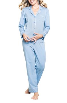 Supersoft pima cotton yields luxe, breathable comfort in a pair of crisply piped two-piece pajamas outfitted with an elastic waist and convenient pockets. Top has notched collar; long sleeves 100% cotton Machine wash, dry flat Made in Peru Blue Classic Sleepwear For Pajama Party, Classic Blue Sleepwear For Pajama Party, Classic Blue Sleepwear For Bedtime, Pajama Outfit, Classic Pajamas, Cotton Pajamas, Notched Collar, Sleepwear Women, Yarn Dyeing