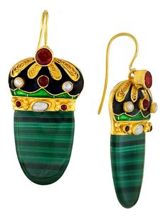 Virtually every part of this earrings is a masterpiece. A face of green malachite is ornately crowned in the old Russian style with garnets, pearls, enamel and filigree work. The regal earrings are expertly handcrafted, with 24k gold over sterling silver settings. Size: 2 inches. Elegant Green Earrings For Ceremonial Occasions, Egyptian Motifs, Horse Sweater, Laurel Burch, Knot Earrings, Rhodolite Garnet, Russian Fashion, Gold Plated Earrings, Gorgeous Earrings