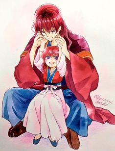 a drawing of two people sitting next to each other on a white surface with red hair and blue eyes