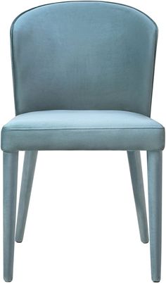 a light blue chair with wooden legs