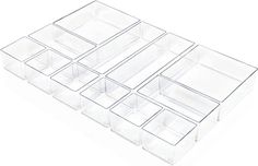 six clear acrylic drawers stacked on top of each other, with dividers in the middle