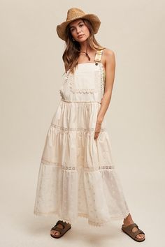 Introducing our Laced and Tiered Romantic Overall Maxi Dress, a stunning ensemble that exudes timeless elegance and femininity. This dress features a square neckline with adjustable jacquard shoulder straps for a personalized fit, while a delicate kangaroo pocket adorned with scallop crochet lace adds a whimsical touch Embroidered Crochet, Flannel Tops, Lace Hem, Overall Dress, Lace Maxi Dress, China Fashion, Tiered Skirt, Sheer Fabrics, Plus Size Tops