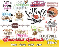 an american football svg bundle with the words, sports and other items in different font styles