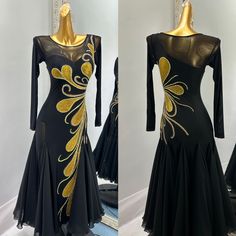 All dresses are custom made based on your measurements and will take 40 days for production and 1-2 weeks for delivery. Urgent order is available at additional cost.  All prices in the listings are based on XS/S size, if you have a different size, the cost may increase due to more fabric and embellishments are required to keep the visual effect of the same design. You may share your height weight bust waist hip measurements with us to confirm your price before placing an order.  You may alter th Gold Fitted Long-sleeved Dress, Gold Fitted Long Sleeve Dress, Fitted Gold Gown, Fitted Gold Dress With Long Sleeves, Black Long Sleeve Ballroom Dress, Long Sleeve Black Ballroom Dress, Black Fitted Dance Dress, Elegant Dance Dress With Fitted Bodice, Fitted Black Dress For Ballroom