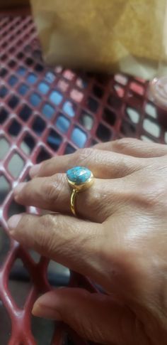 Lia Copper Turquoise Tear Drop Ring ~ 18k Gold Plated ~ MR122A Teardrop Turquoise Gemstone Jewelry, Handmade Teardrop Turquoise Ring, Unique Handmade Teardrop Turquoise Ring, Teardrop Turquoise Gemstone Ring For Gift, Bohemian Teardrop Turquoise Adjustable Ring, Teardrop Ring, Aqua Chalcedony, December Birthstone, Smoky Quartz