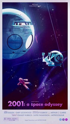 the poster for 2001 a space odyssey is shown in purple and blue colors, with an astronaut