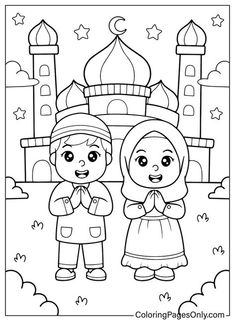 the muslim couple is standing in front of a mosque coloring pages for kids, with stars and