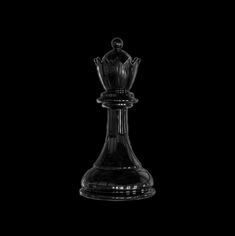 a black and white photo of a glass chess piece with a crown on it's head