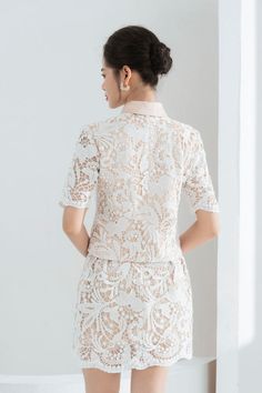 Wendy Straight Wavy Lace Mini Skirt | MEAN BLVD Pointed Flat Collar, Lace Mini Skirt, Types Of Lace, Mean Blvd, Flat Collar, Lace Hem, Lace Embroidery, Lace Shirt, Lace Patterns