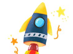 a drawing of a rocket ship with stars around it and the bottom part painted yellow