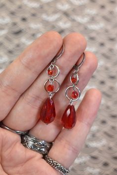 Elegant Red Drop Earrings - Etsy Czech Republic Nickel Free Red Crystal Earrings For Parties, Red Elegant Nickel-free Teardrop Earrings, Elegant Red Teardrop Beaded Earrings, Red Nickel-free Crystal Earrings, Nickel-free Red Crystal Earrings, Nickel Free Red Drop Earrings, Red Teardrop Earrings With Dangling Beads, Red Nickel-free Drop Crystal Earrings, Elegant Red Metal Beaded Earrings