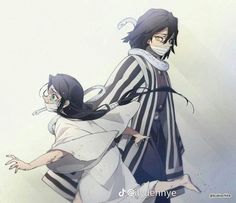 two anime characters are standing next to each other in front of a white wall and one is wearing a black and white striped coat