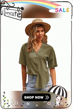 Army Green Side Split Button Short Sleeve Shirt Green V-neck Shirt With Button Closure, Summer V-neck Tops With Button Cuffs, Summer Button-up Shirt With Buttons, Summer V-neck Shirt With Button Closure, Khaki Button-up Shirt With Button Closure, Solid Button-up Vacation Top, Khaki Tops With Button Cuffs For Spring, Solid Color Button-up Tops For Summer, Casual Summer Shirt With Button Cuffs