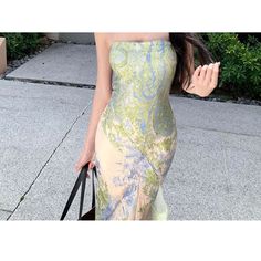 Strapless Floral Print Maxi Sheath Dress Size S M L Bust Waist Hips Total Length 74-88 64-68 78-90 116 78-92 68-72 82-94 118 82-96 72-76 86-98 120 measurement is cm.Product Information Material: 100% Polyester Color: Floral - Light Green & Light Blue Sheath Bodycon Dress For Spring Banquet, Vintage Summer Dresses For Banquet, Elegant Green Strapless Bodycon Dress, Fitted Bodycon Dress For Summer Banquets, Fitted Bodycon Dress For Summer Banquet, Fitted Maxi Dress For Summer Banquet, Summer Bodycon Sheath Dress For Banquets, Green Strapless Bodycon Evening Dress, Spring Bodycon Mini Dress For Banquet