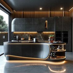 a modern kitchen with black cabinets and marble counter tops, lighted by led lighting from the ceiling