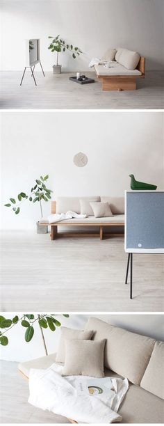 three different views of a living room with white walls and furniture, including a couch