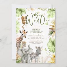 an animal themed birthday party with watercolors and gold foil on the front, featuring giraffes, zebras, and other animals