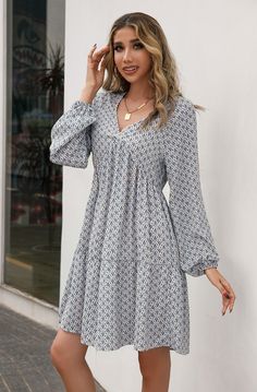 Floral Print V-Neck Tarta Dress for Women - Blue,L Flowy V-neck Long Sleeve Dress, Shift Mini Dress With Split Neck, Fall V-neck Shift Maxi Dress, Shift Midi Dress With Split Neck, Chic Split Neck Fall Dresses, Chic Split Neck Dresses For Fall, Floral Print V-neck Midi Dress, Spring Shift Midi Dress With Split Neck, Shift Dress With Split Neck For Spring