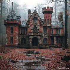 an old house in the woods with red leaves on the ground and trees around it