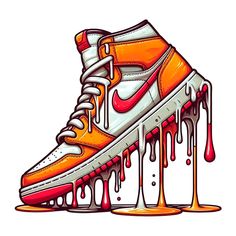 an orange and white sneaker with dripping paint