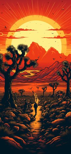 a person walking down a dirt road in front of a sunset with mountains and trees