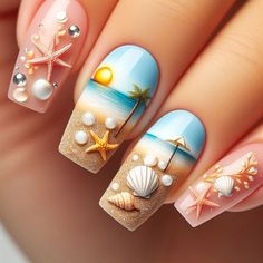 Sea Nails Designs The Beach, Nails Ocean Theme, Maldives Nails, Nails Ocean, Ocean Nail Art, Beach Themed Nails, Acrylic Nails Almond Shape, Sea Nails