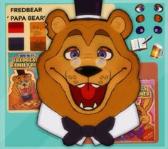 a paper cut out of a bear wearing a top hat and bow tie with other items surrounding it