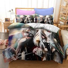 a bed with two anime characters on it