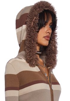 Look chic drinking that java with this cardigan that has a ribbed knit construction, a striped design, a hoodie with a fluffy faux fur trim, long sleeves with a faux fur trim, and a front zipper closure. Cozy Long Sleeve Outerwear With Faux Fur Trim, Brown Outerwear With Faux Fur Trim And Long Sleeves, Fur Trimmed Cardigan, Brown Long Sleeve Outerwear With Faux Fur Trim, Cropped Fur Trim Jacket, Halloween Costume Boots, Dolls Kill Outfits, Costume Boots, Booties Outfit