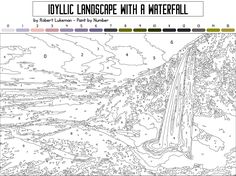 a coloring page with an image of a waterfall