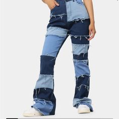 Fashion Nova, Denim Bootcut, Size 8 Trendy Denim Blue Patchwork Jeans, Trendy Patchwork Denim Blue Jeans, Trendy Straight Leg Flare Jeans With Patchwork, Trendy Patchwork Medium Wash Jeans, Trendy Medium Wash Patchwork Jeans, Casual High Rise Patchwork Flare Jeans, Fitted Wide Leg Patchwork Jeans, Fitted Patchwork Jeans For Summer, Fitted High Rise Jeans With Patchwork