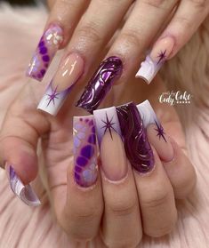 Purple Acrylic Nails, Grunge Nails, Dope Nail Designs, Unique Acrylic Nails, Bling Acrylic Nails, Pink Acrylic Nails, February 22, Fire Nails, Pretty Acrylic Nails