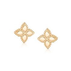 Roberto Coin "Princess Flower" 18kt Yellow Gold Flower Stud Earrings. Founded in Vicenza, the City of Gold in 1977, Roberto Coin jewelry celebrates the elegance of femininity, creativity and craftsmanship. From the "Princess Flower" collection, this refined pair of 18kt yellow gold flower stud earrings show off distinguished details. The contrast between the smooth polished petals and their roped borders gives the pair a charming aura, making them an ideal choice for everyday wear. Made in Italy Roberto Coin Jewelry, City Of Gold, Princess Flower, Handmade Fine Jewelry, Roberto Coin, Flower Stud Earrings, Natural Gold, Flower Stud, Jewelry Images