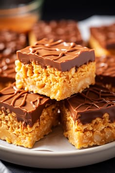 several pieces of chocolate covered dessert on a plate