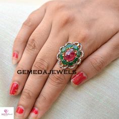 Stunning Ruby Gemstone Ring, Beautiful Emerald Ring, Pave Diamond Ring, Sterling Silver Jewelry, 14k Gold Plated Ring, Wedding Gift Jewelry Gross Weight: 9.36 gram Gemstone Weight: 11.10 cts Diamond Weight: 0.70 cts Ring Size: 28X23 MM NOTE:- All The Products Are Designed And Manufactured In My Workshop By Me & My Team. Shown Products Are Purely Handmade. Custom Orders Are Open Handly Accepted. We Are the Perfect Choice For Any Custom Jewelry Manufacturing. For Bulk Orders Please Message me. Wedding Diamond Gemstones Fine Jewelry, Elegant Ruby Ring, Hand Set, Elegant Hand Set Ruby Ring For Wedding, Elegant Hand-set Ruby Ring For Wedding, Elegant Wedding Ruby Ring Hand Set, Oval Ruby Gemstones For Wedding, Formal Emerald Ring With Stone Setting, Round Multi-stone Diamond Emerald Ring, Diamond Gemstones With Stone Setting For Anniversary