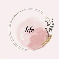 the words life are written in black ink on a pink and white circle with gold sprinkles