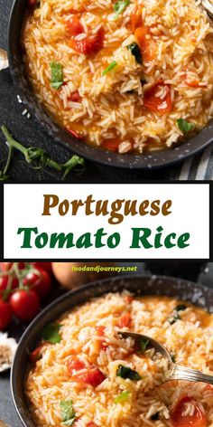 two pans filled with rice and tomatoes on top of a table next to other dishes