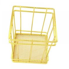 a yellow wire basket with two compartments on the bottom and one in the middle, against a white background